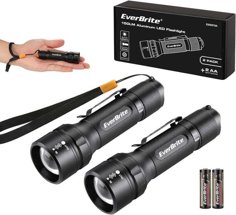 Photo 1 of EverBrite 2-Pack 150 Lumens Super Small Mini LED Flashlight, Zoomable Flashlight with Lanyard&Clip, 3 Modes, IPX4 Waterproof, for Camping Hiking, Emergency, EDC, Survival Use, 2 AA Batteries Included
