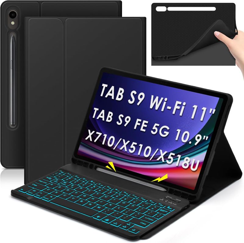 Photo 1 of DETUOSI Backlit Keyboard Case for Samsung Galaxy Tab S9 11"/ S9 FE 10.9" (Wi-Fi/ 5G LTE) 2023 Android Tablet with S Pen Holder+ Silicone Back+ Auto Sleep/Wake+ Magnetic Closure+ Detachable Keyboard