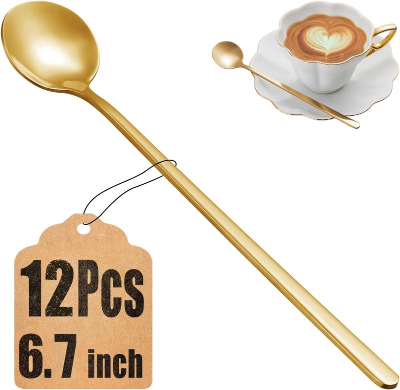 Photo 1 of 12 Pcs Coffee Spoons Set, 6.7 Inches Gold Tea Spoons Long Handle, Stirring Spoons, Gold Small Teaspoons, Food Grade Stainless Steel Gold Spoons, Long Spoons for Stirring, Gold Metal Espresso Spoons