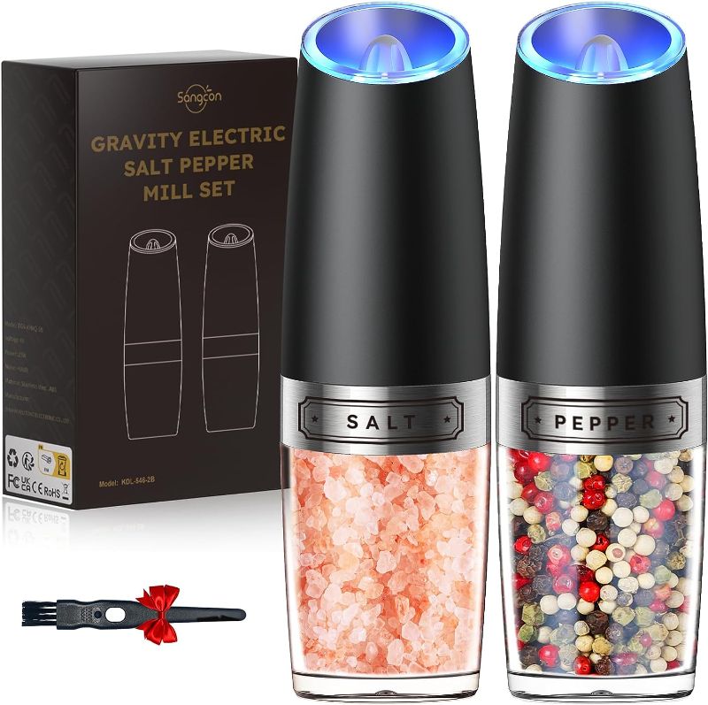 Photo 1 of 2 Pack Gravity Electric Salt and Pepper Grinder Set Automatic Battery Powered Salt Mill, Adjustable Coarseness, with Blue LED Light, One Hand Operated