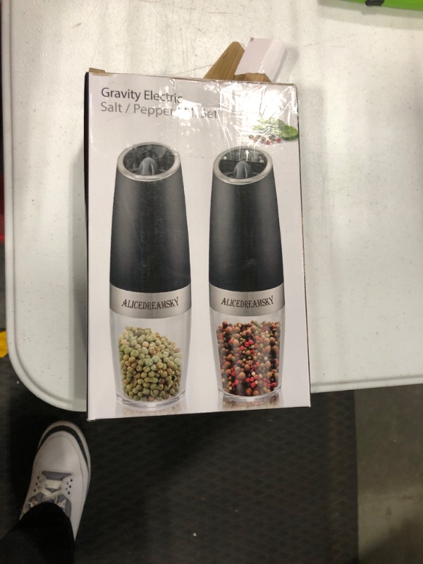 Photo 2 of 2 Pack Gravity Electric Salt and Pepper Grinder Set Automatic Battery Powered Salt Mill, Adjustable Coarseness, with Blue LED Light, One Hand Operated