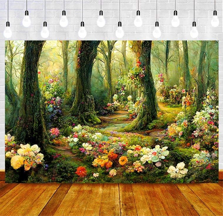 Photo 1 of Flower Backdrop 7x5ft Dream Garden Plants Trees Wild Flowers Banner Decoration Background for Photography Studio Props RBJXPUH132