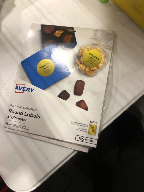 Photo 2 of Avery Easy Peel Inkjet Embossed Foil Round Labels, 2" Diameter, Gold, 12 Labels/Sheet, 8 Sheets/Pack, 96 Labels/Pack (22831)