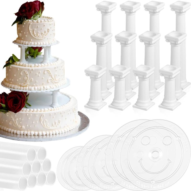 Photo 1 of 27 Pcs Cake Tier Stacking Kit Including 12 Pcs 3 Size Roman Column Cake Tiered Stands Cake Pillars 6 Pcs 12/16/20cm Cake Boards Cake Separator Plates and 9 Pcs Cake Dowel Rods for Wedding Cakes