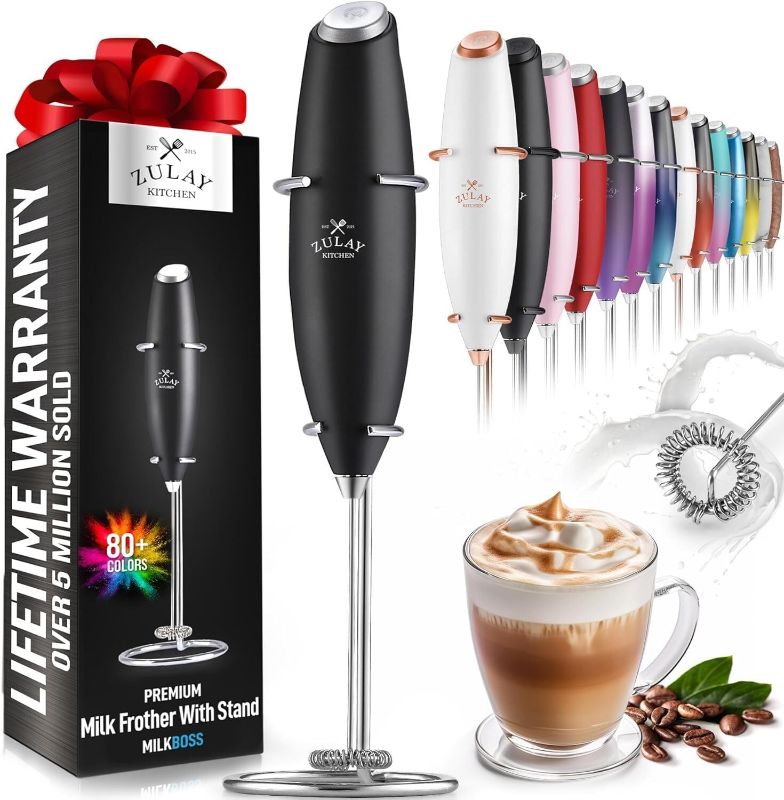 Photo 1 of Zulay Kitchen Powerful Milk Frother Handheld Foam Maker for Lattes - Whisk Drink Mixer for Coffee, Mini Foamer for Cappuccino, Frappe, Matcha, Hot Chocolate & Coffee Creamer by Milk Boss (Black)