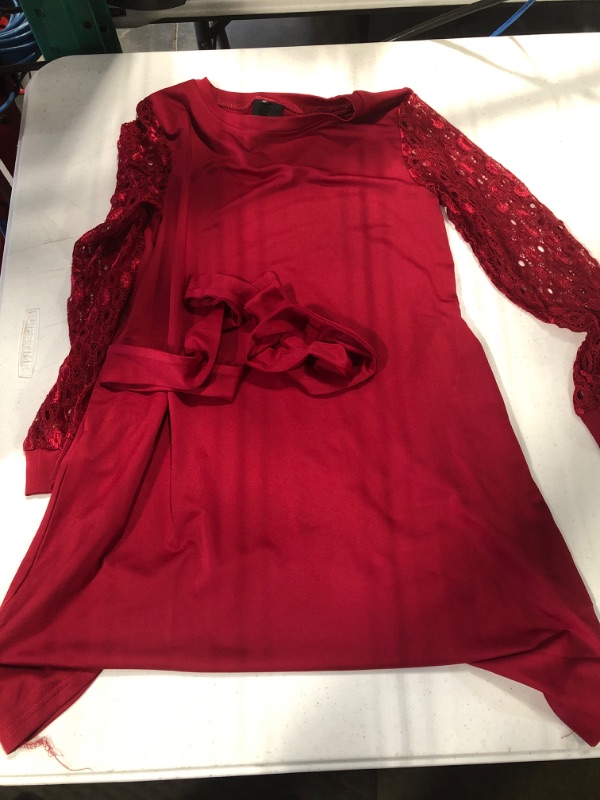 Photo 3 of Remimi Girls Lace Sleeve Tshirt Dress Detachable Tie Waist Belted Party Dress with Pockets 5-14 Years 7-8 Years Long Sleeve Wine Red