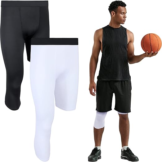 Photo 1 of 2 Packs Men's 3/4 One Leg Compression Tights Unisex Leggings Athletic Base Layer for Basketball Sports