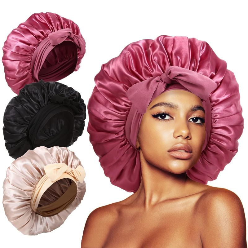 Photo 1 of 3Pcs Bonnet for Sleeping, Extra Satin Silk Bonnet for Sleeping Women with Tie Band for Curly Hair Jumbo Bonnet Braids