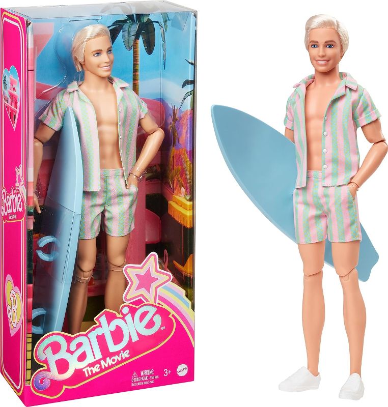 Photo 1 of Barbie The Movie Ken Doll Wearing Pastel Pink and Green Striped Beach Matching Set with Surfboard and White Sneakers