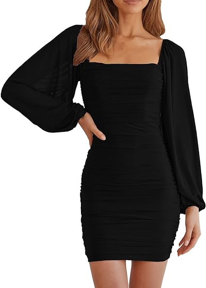 Photo 1 of MEROKEETY Women Square Neck Lantern Long Sleeve Mesh Ruched Bodycon Clubwear Mini Dress M SIZE