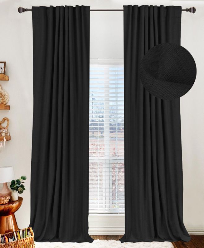 Photo 2 of 100% Blackout Shield Linen Blackout Curtains for Bedroom 96 Inches Long,Back Tab/Rod Pocket Living Room Drapes,Thermal Insulated Textured Blackout Curtains 2 Panels Set,50" W x 96" L,Black Black 50''W x 96''L