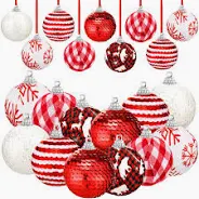 Photo 1 of 12 Pieces Christmas Ball Tree Ornament, Red White Buffalo Plaid Ball Ornament, Red and White Check Fabric Wrapped Ball, Red Sequin Ball for Christmas Party Hanging Decor (Novel Style, 12 Pieces)