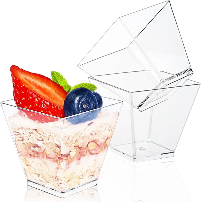 Photo 1 of 50Pcs Square Mini Plastic Dessert Cups,3.5Oz Clear Plastic Parfait Appetizer Cup for Desserts,Appetizers,Ice Cream