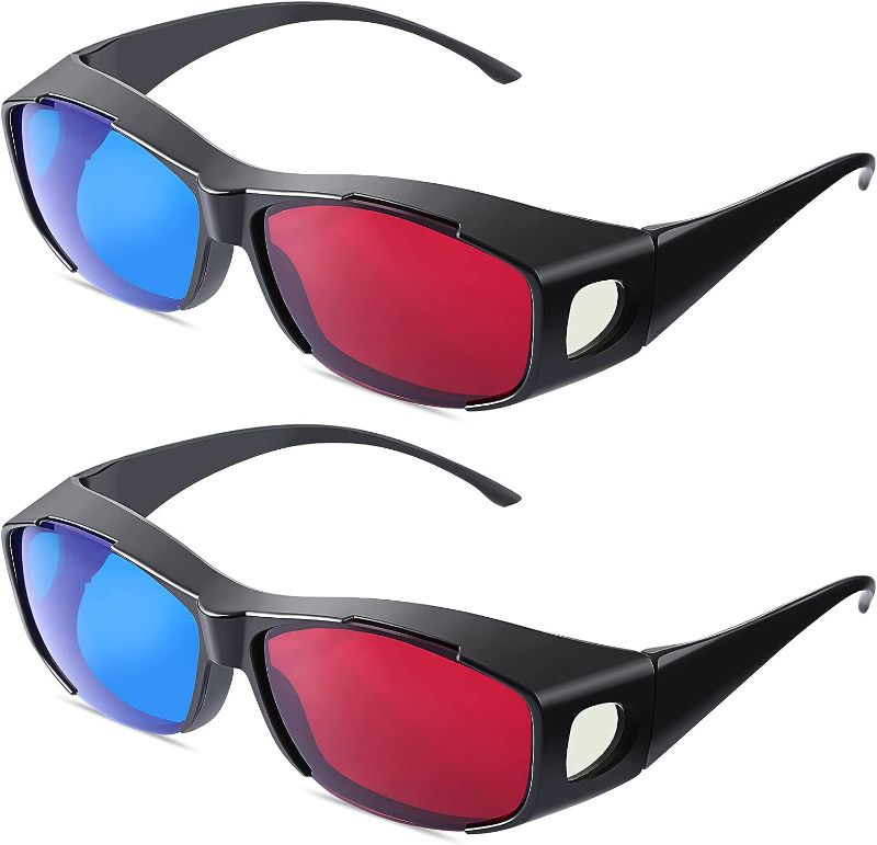 Photo 1 of 2 Pieces Red Blue 3D Glasses, 3D Movie Game Glasses 3D Viewing Glasses for Computer Monitors TVs Projectors Etc, Black Plastic Framework Glasses, Light Simple Design Home Theater Glasses