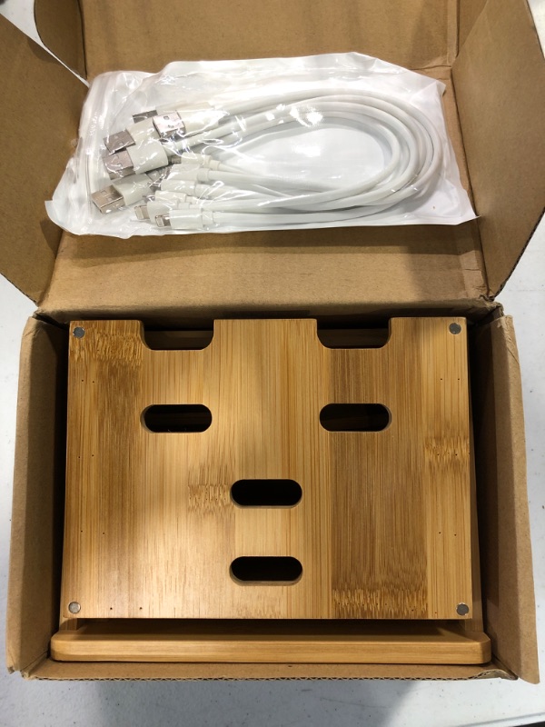 Photo 3 of Bamboo Charging Station Organizer for Multiple Devices, Desktop Docking Stations Holder for Cell Phone, Tablet, SmartWatch & Earbuds Stand (Included 6 Cables) (?No USB Charger) #1 (No Charger)