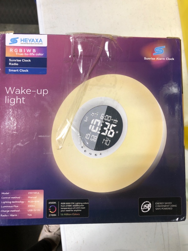 Photo 2 of HEYAXA Sunlight Alarm Clock, Wake up Light with Sunrise Simulation, 8 Colors Nightlight, 6 Natural Sounds, Ideal Gift for Kids Adults Heavy Sleepers with Sleep Aid FM Radio Snooze(White) tested item works. 