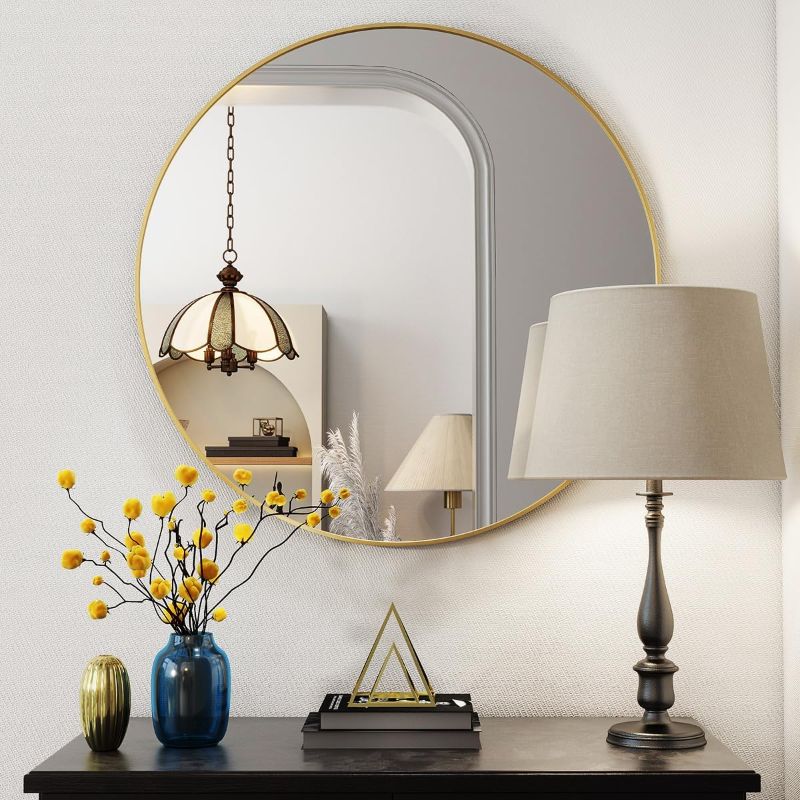 Photo 1 of **USED** BEAUTYPEAK 20 Inch Round Mirror, Gold Metal Frame Circle Mirror, Wall Mirror for Entryway, Bathroom, Vanity, Living Room, Gold Circle Mirror
