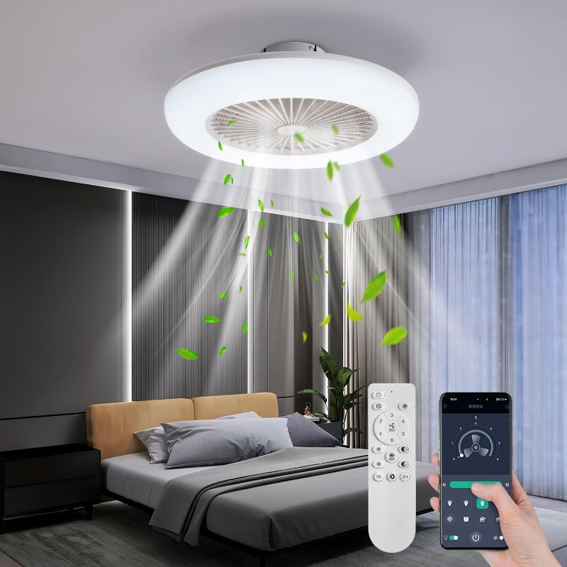 Photo 1 of 22" Low Profile Ceiling Fan with Light Remote APP Control, Dimmable Bladeless Ceiling Fan with Light, Modern Enclosed Flush Mount Reversible Ceiling Fan for Bedroom Living Room Kitchen, White
