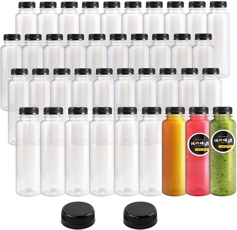 Photo 1 of 40pcs 12oz Plastic Juice Bottles with Caps, Empty PET Disposable Plastic Bottles Bulk with Black Tamper Evident Lids for Juicing, Drinking and Other Beverages