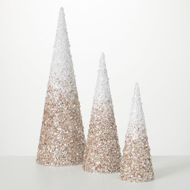 Photo 1 of ***Similar style, see pics, no white on top*** bonus,  2 sets of 3pcs. 1 new. 1 opened.
Glittered Beaded Cone Tree Set of 3, Christmas Decor, Christmas Tabletop, Decorative Christmas Trees, 13" H, 17" H and 22" H
