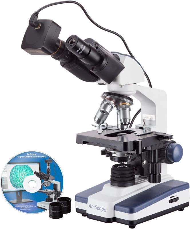 Photo 1 of AmScope 40X-2500X LED Lab Binocular Compound Microscope with 3D-Stage with 5MP Camera