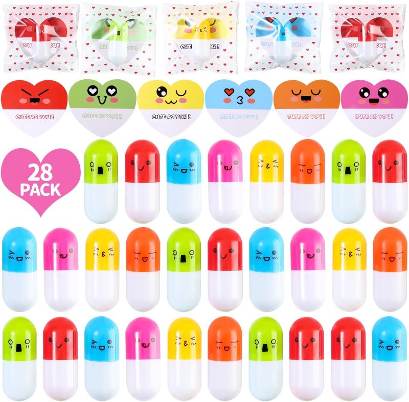 Photo 1 of 28pack Valentines Day Cards for Kids Classroom With Retractable Vitamin Pens, Funny Pens Valentines Gifts Exchange Gifts for Kids Classroom Party Favors Carnival Prizes Stocking