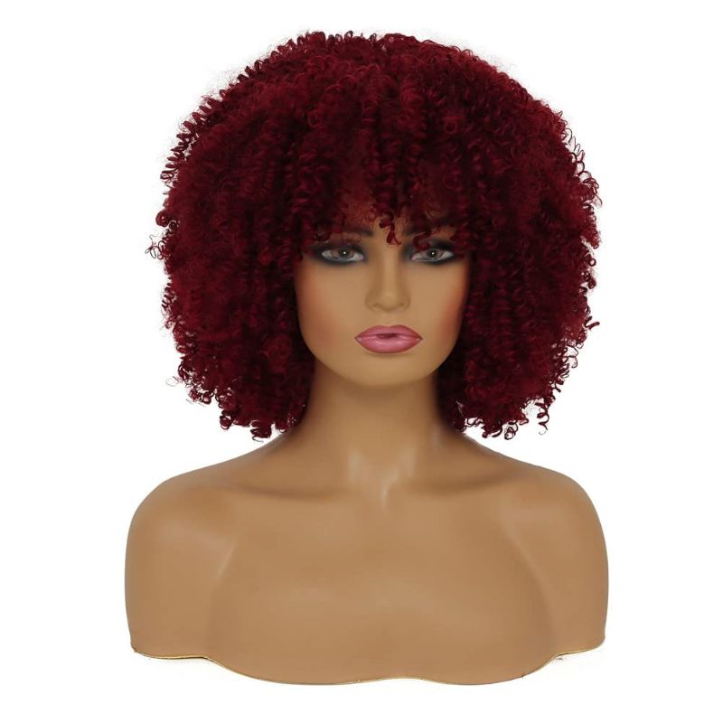 Photo 1 of Short Wine Red Curly with Bangs Afro Fluffy Wigs for Black Women Natural Looking Synthetic Heat Resistant Kinky Wig for Daily Party Halloween Cosplay Use
