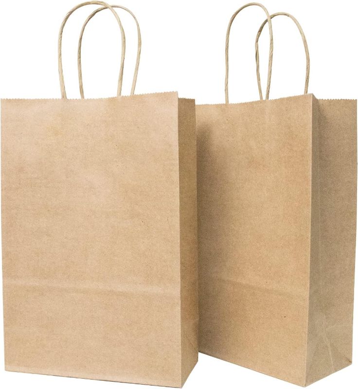 Photo 1 of 100 Pcs Kraft Paper Bags Medium Size with Handles,5.51 * 3.74 * 8Inches,Bulk Gift Bags,Candy Paper Bags for Birthday Party,Wedding Bags,Craft Retail Packaging,Grocery Bags,Shopping Bags
