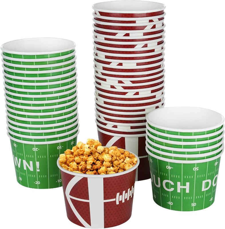 Photo 1 of Football snack bowls, Paper Bowls Soup Cups for Football Games Parties, Disposable Serving Bowls for Football Tailgates Dinners Sports Events, Hold Hot & Cold Food, Green & Brown