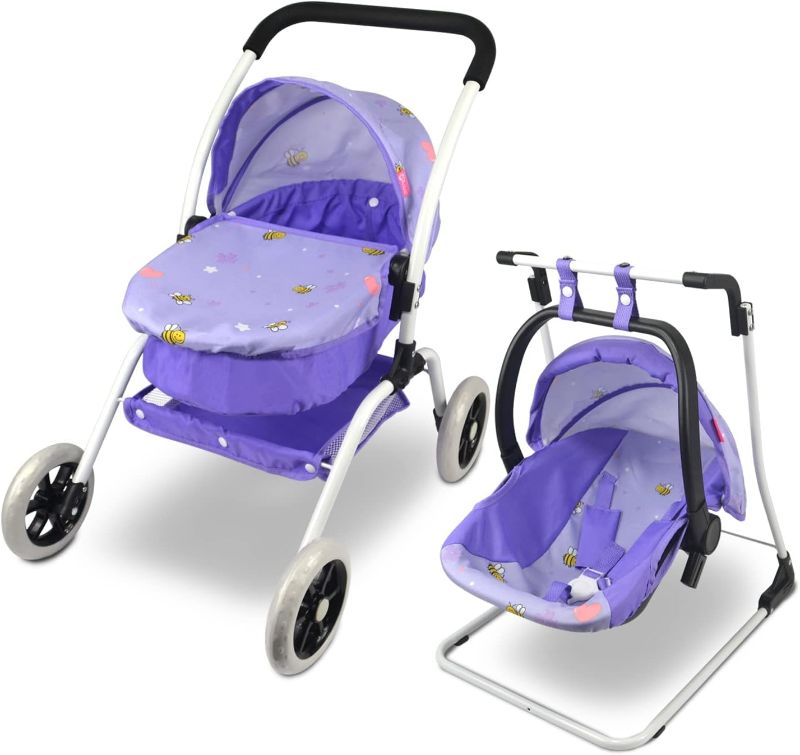 Photo 2 of Anivia Baby Doll Stroller and Doll Swings for 15 inches Dolls | 8 in 1 | Doll Pram/ Carrier/ Stroller with Removable Bassinet & Bed, Changing Bag Purple ZH034 PINK