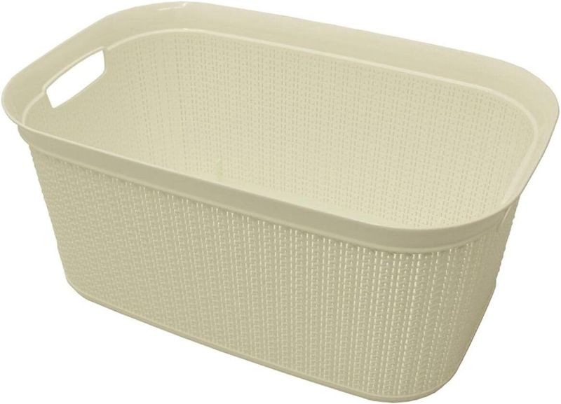 Photo 1 of **CRACKED CORNER** Knit Design Loop Plastic Rectangular Linen Washing Basket with Handles-38 litres, Rectangle, White