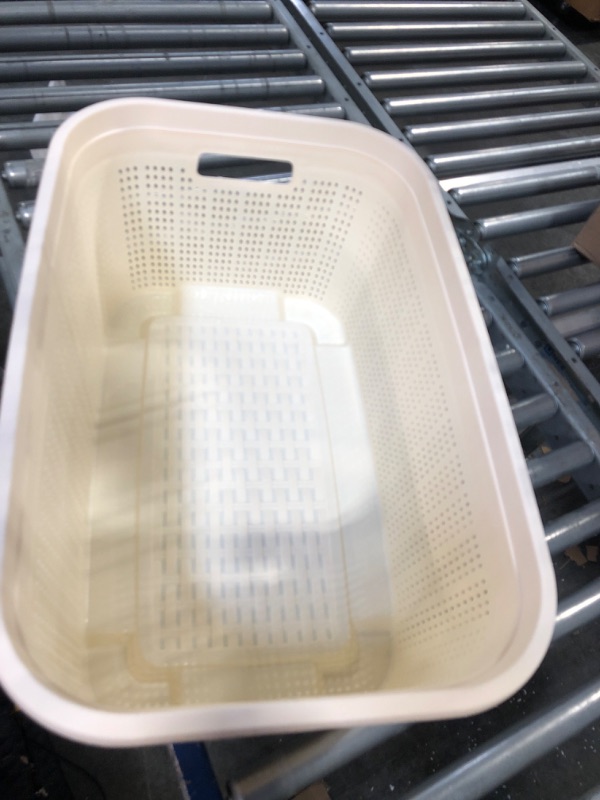 Photo 3 of **CRACKED CORNER** Knit Design Loop Plastic Rectangular Linen Washing Basket with Handles-38 litres, Rectangle, White