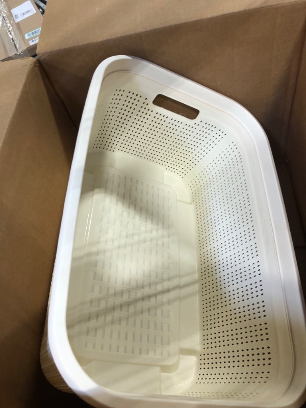 Photo 2 of **CRACKED CORNER** Knit Design Loop Plastic Rectangular Linen Washing Basket with Handles-38 litres, Rectangle, White