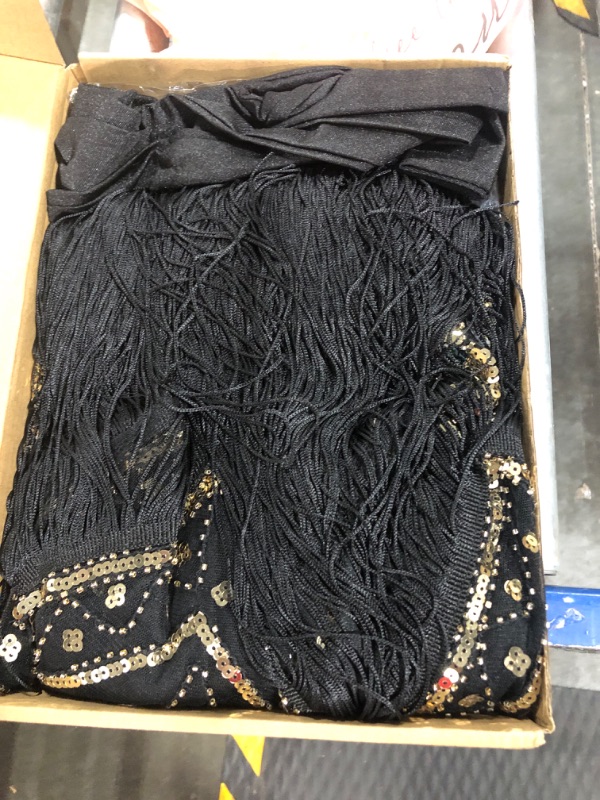 Photo 2 of FEPITO 1920s V Neck Sequin Beaded Fringed Dress with 20s Accessories Set Large Black and Gold?style 2?