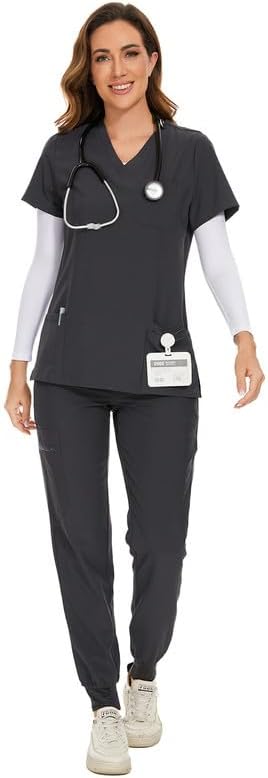 Photo 1 of COYFIR Scrub Set for Women - Sweetheart V-Neck Scrub Top and Yoga Jogger Scrub Pants