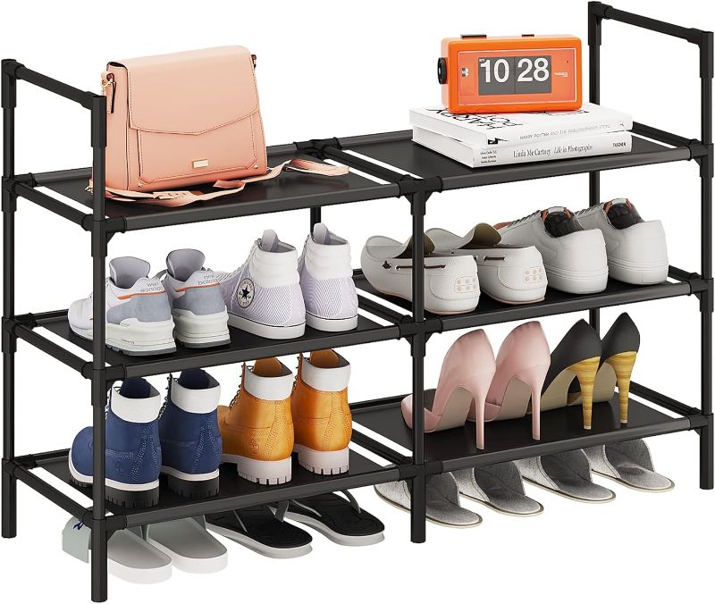 Photo 1 of 3-Tier Shoe Rack Double Row Storage Organizer,12-15 Pairs Shoe Storage Shelf for Entryway,Living Room,Black