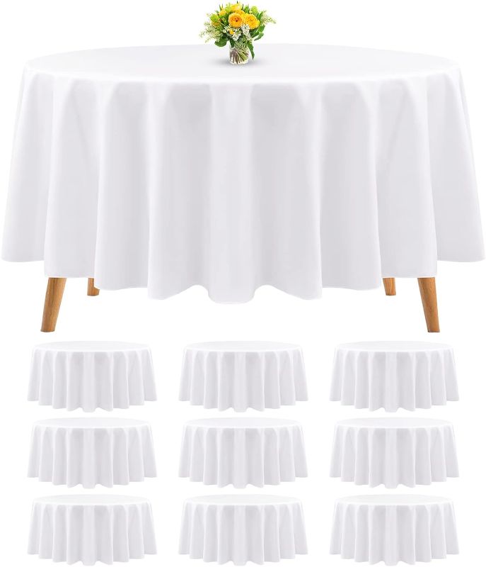 Photo 1 of 10 Packs Premium Round Tablecloth 90 Inch White Polyester Table Cloth Bulk Washable Polyester Fabric Tablecloths Table Cover for Wedding Party Banquet Buffet Table Holiday Dinner (White, 90 Inch)