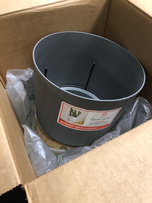 Photo 3 of **USED** Bloem Hopson Round Planter with Black Metal Stand: 10" - Charcoal - Durable Plastic Pot, Powder Coated Removable Stand, for Indoor and Outdoor Use, Gardening, 3.25 Gallon Capacity Charcoal 10"