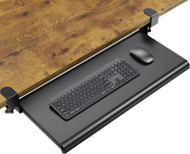 Photo 1 of HUANUO Keyboard Tray Under Desk, Ergonomic Large Keyboard Tray with C Clamp, Updated Metal Slide Rail Keyboard Tray Mouse Tray, Pull Out Platform Computer Drawer for Typing, 27.5" W x 12.2" D, Black