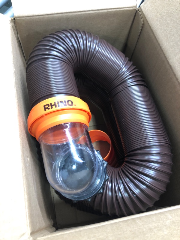 Photo 3 of Camco RhinoFLEX RV Sewer Hose Kit with Swivel Transparent Elbow and 4-in-1 Dump Station Fitting, Brown, 15 Feet (39770) 15ft Sewer Hose Kit Frustration-Free Packaging