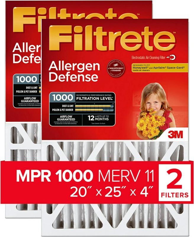 Photo 1 of 
Filtrete 20x25x1 Air Filter, MPR 1000, MERV 11, Allergen Defense 12-Month Deep Pleated 4-Inch Air Filters, 2 Filters