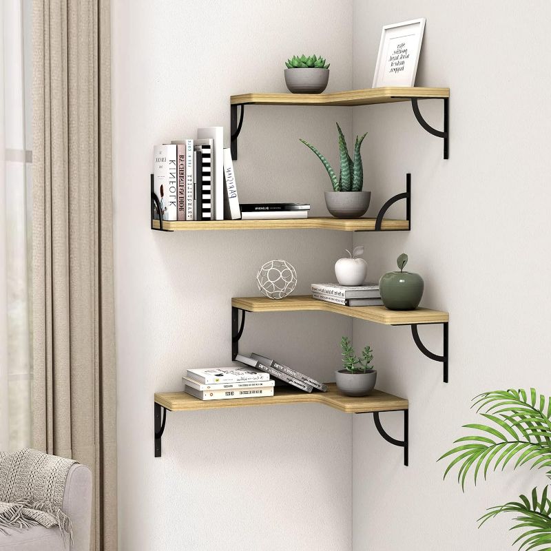 Photo 1 of Canupdog Corner Floating Shelves Wall Mounted Set of 4, Wood Display Storage Wall Shelves for Living Room, Bedroom, Office, Bathroom Kitchen & Decoration
