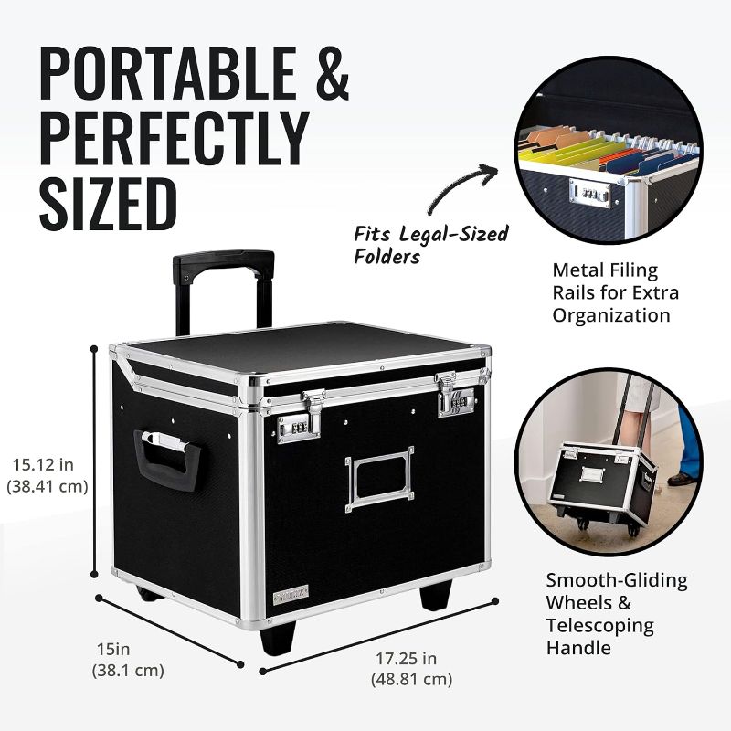 Photo 1 of Vaultz Portable File Box with Handle - 15 x 14 x 17 Inch Letter/Legal Size Mobile Lock Box with Wheels for Filing & Storage - Double Combination Locking Cabinet - Black 14.5" x 17.5" x 15.5" Black