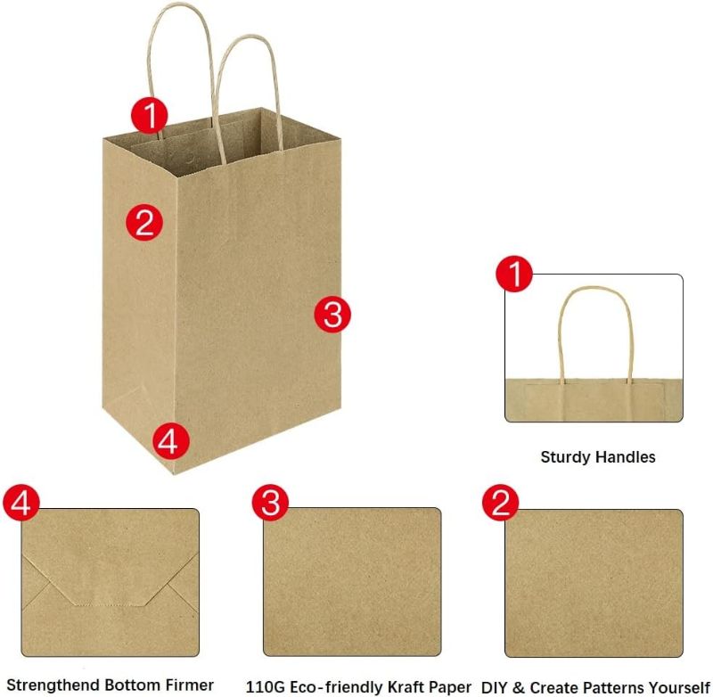 Photo 1 of 100 Pack 5.25x3.25x8.25 Inch Small Plain Natural Paper Kraft Gift Bags with Handles Bulk for Birthday Party Favors Grocery Retail Shopping Business Goody Craft Bags Cub (Brown 100 Count)