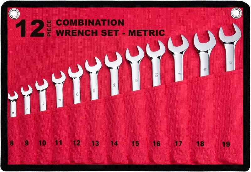 Photo 1 of 12-Piece Metric Combination Wrench Set in Roll-up Pouch, Non-Skip Sizes 8mm - 19mm | Chrome Vanadium Steel with Mirror Finish | Ideal for General Household, Garage Workshop, Auto Repairs and Much More