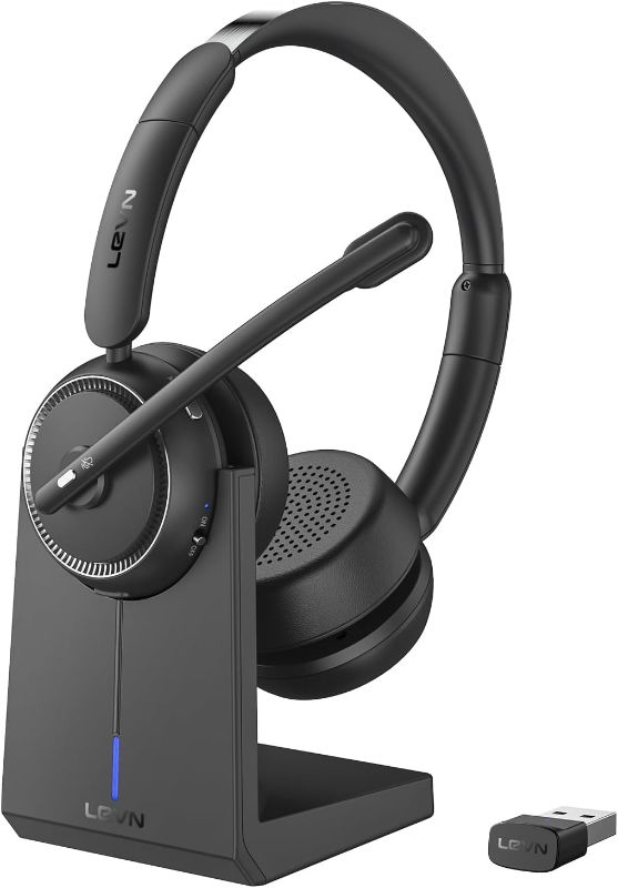 Photo 1 of LEVN (Upgraded Version) Wireless Headset, Bluetooth Headset with Microphone (AI Noise Cancelling), 65 Hrs Working Time Wireless Headset with Mic for Work from Home/Call Center/PC/Laptop/Computer/Zoom