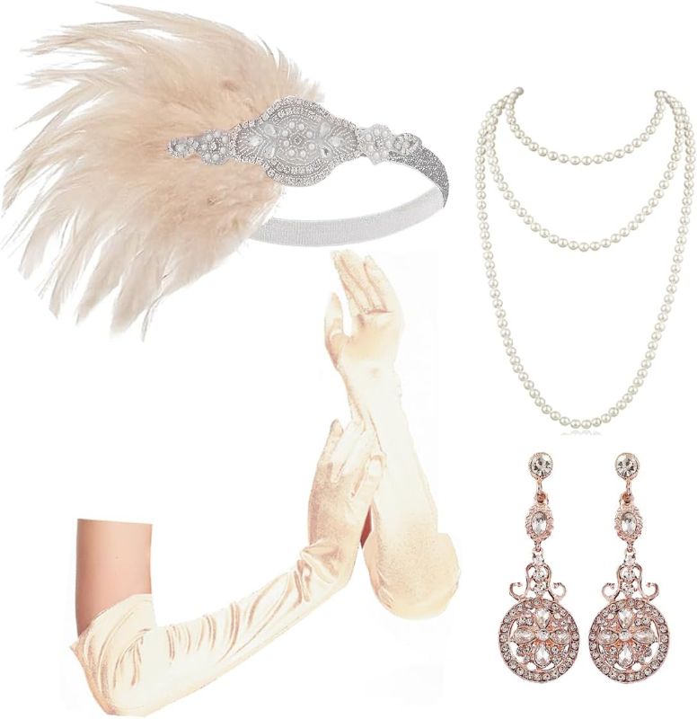 Photo 1 of Cizoe 1920s Gatsby Accessories Set for Women Flapper Headband 20s Headpiece Necklace Gloves(c)