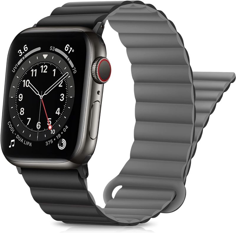 Photo 1 of HITZEE Compatible with Apple Watch Band 49mm 45mm 44mm 42mm 42mm 41mm 40mm 38mm, Double Sided Silicone Magnetic Band Compatible for Apple Watch Ultra 2 Series 9 8 7 SE 6 5 4 (44/45/49mm, Black Gray)