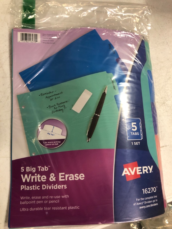 Photo 2 of Avery Durable Plastic 5-Tab Write & Erase Big Tab Dividers for 3 Ring Binders, Pastel Brights (16270) (Pack of 2) 5 tab (Pack of 2) Binders