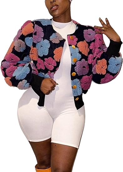 Photo 1 of Gihuo Women's Floral Print Bomber Jacket Cropped Fleece Warm Button Down Coats Round Neck Fall Outerwear XL